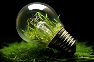lumière ampoule et herbe, intelligent énergie consommation concept, numérique illustration. génératif ai photo