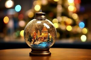 verre globe avec Noël paysage à l'intérieur, Noël vacances concept, bokeh Contexte. génératif ai photo