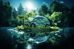 électrique voiture est accusé de vert la nature. vert énergie. enregistrer le environnement. photo