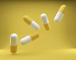 groupe de antibiotique capsules chutes sur le Jaune Contexte. santé se soucier et médicament photo