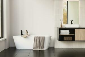 3d moderne salle de bains intérieur avec baignoire. 3d le rendu de baignoire sur carrelage sol avec évier contre blanc mur. 3d illustration. photo