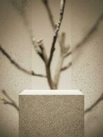 3d beige granit afficher podium dans de face de des lunettes avec l'eau gouttelettes contre branche et beige Contexte. 3d le rendu de réaliste présentation pour produit publicité. 3d minimal illustration. photo