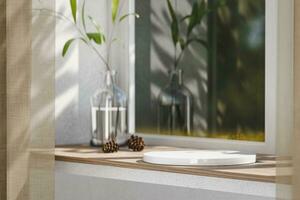 3d céramique piédestal sur en bois table à fenêtre côté avec plante vase et rideaux. 3d le rendu de réaliste présentation pour produit publicité. 3d illustration. photo