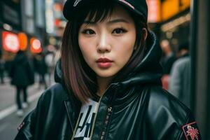 portrait de une femme dans vêtement de rue sur le rue. génératif ai pro photo