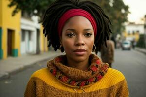 magnifique femme dans une chandail sur le rue. génératif ai pro photo