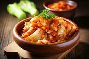 ai généré coréen Kimchi cuisine, fermenté des légumes avec divers épices. photo