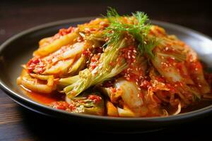 ai généré coréen Kimchi cuisine, fermenté des légumes avec divers épices. photo