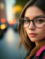 femme avec des lunettes permanent dans le rue. génératif ai pro photo