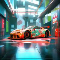 une coloré courses voiture dans le garage le rendu le futur photo