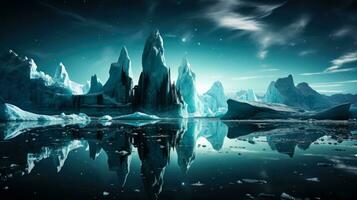 monumental iceberg les structures reflétant le luminescent clair de lune dans le antarctique nuit photo