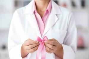 rose ruban international Sein cancer journée campagne dans main de femmes médecin, généré par ai photo