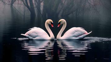 deux blanc cygnes dans romantique l'amour à Lac photo