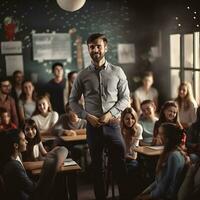 une prof qui des stands dans une classe avec élèves génératif ai photo