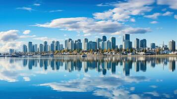 serein front de mer paysage urbain avec reflets dans l'eau photo