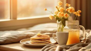 paresseux Matin dans lit avec petit déjeuner photo