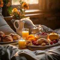 paresseux Matin dans lit avec petit déjeuner photo