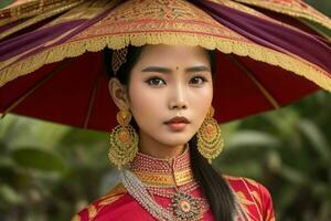 portrait de une à la mode magnifique femme dans traditionnel vêtements portant une chapeau. génératif ai pro photo