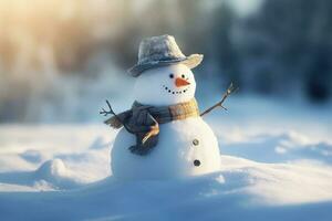 bonhomme de neige dans chapeau et foulard, Noël concept, bokeh Contexte. génératif ai photo