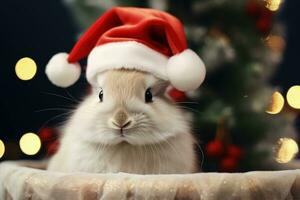 lapin dans Père Noël claus chapeau, Noël vacances concept. génératif ai photo