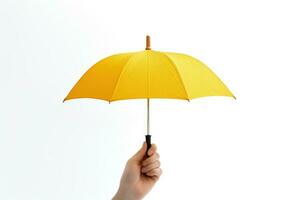 main en portant parapluie sur blanc Contexte. génératif ai photo