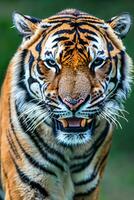 photo fermer paysage coup de une Bengale tigre avec vert herbe