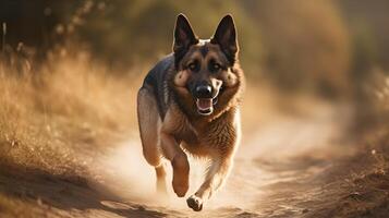 marron noir vieux allemand berger chien fonctionnement ciselure quelque chose vers le caméra, chien langue dehors, en jouant dans le la nature. ai généré photo