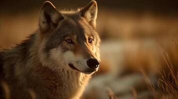 proche en haut de Loup visage regard et observer dans le Prairie la nature Contexte. ai généré. photo