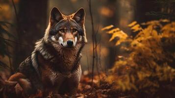 Loup s'asseoir, observer, et chasse dans le les bois forêt. ai généré. photo