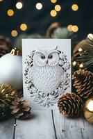 ai généré carte de voeux blanc hibou avec des arbres et lumière bleu arrière-plan, Noël photo