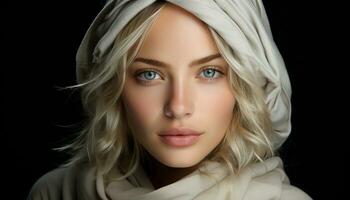 blond aux cheveux femme, beauté, portrait, caucasien ethnie, adulte, Humain affronter, mode généré par ai photo