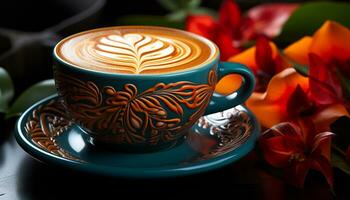 café tasse sur tableau, mousseux boisson avec Célibataire fleur décoration généré par ai photo