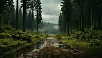 tranquille scène de une brumeux forêt avec majestueux Montagne intervalle généré par ai photo