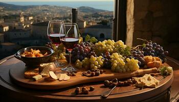 vin, raisin, nourriture, alcool, fruit, tableau, boire, du vin bouteille, verre de vin, gourmet généré par ai photo