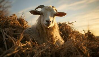 mignonne Jeune animaux pâturage sur une Prairie à le coucher du soleil généré par ai photo