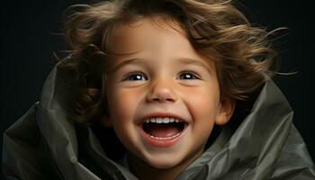 une mignon, de bonne humeur enfant avec une à pleines dents sourire, à la recherche à caméra généré par ai photo