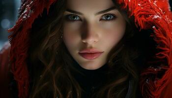 magnifique femme avec marron cheveux, à la recherche à caméra, souriant dans hiver généré par ai photo