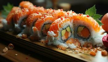 fraîcheur et des cultures roulé en haut sur une assiette de maki Sushi généré par ai photo