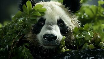 mignonne Panda séance sur une bifurquer, à la recherche à le caméra généré par ai photo