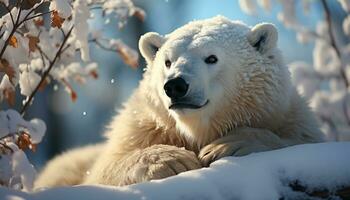 une mignonne samoyède chien séance dans le neigeux Arctique forêt généré par ai photo