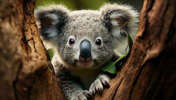 mignonne koala séance sur eucalyptus arbre, à la recherche à caméra généré par ai photo