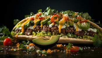 grillé du boeuf taco avec Frais tomate, guacamole, et coriandre salade généré par ai photo