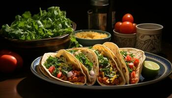 une Frais mexicain repas avec grillé bœuf, avocat, et des légumes généré par ai photo