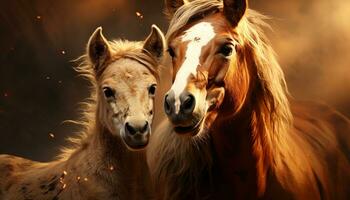 cheval et jument pâturer pacifiquement dans Prairie à le coucher du soleil généré par ai photo