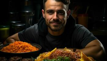 souriant homme cuisine gourmet repas, en portant assiette dans commercial cuisine généré par ai photo