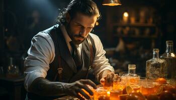 une homme séance à une bar, en portant une whisky verre généré par ai photo