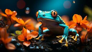 mignonne vert regardé crapaud séance sur humide feuille dans tropical forêt généré par ai photo