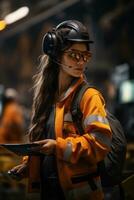 une Jeune femme des stands dans une Orange casque avec une tablette ai généré photo