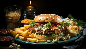 une gourmet grillé Burger avec fromage, frites, et Frais des légumes généré par ai photo