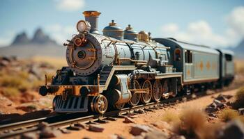 vapeur train sur chemin de fer piste, transportant charbon avec rouillé machinerie généré par ai photo