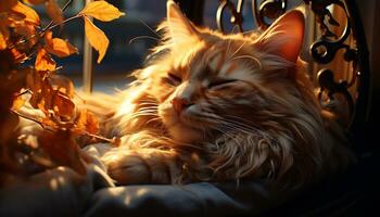 mignonne chaton repos sur herbe, profiter le l'automne lumière du soleil généré par ai photo